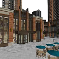 Modern Commercial Street With Glass Windows Outdoor Seating Cafes And High Rise Buildings