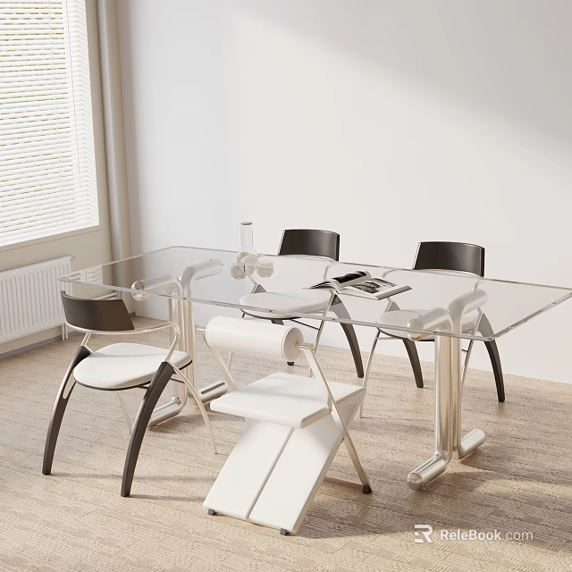 Modern Glass Top Dining Table Set With Black And White Chairs And Wooden Floor 3d model 