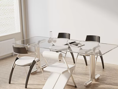 Modern Glass Top Dining Table Set With Black And White Chairs And Wooden Floor 3d model