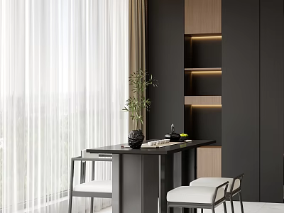 Modern Tea Table And Chairs With Natural Light Potted Plant And Wooden Shelves 3d model