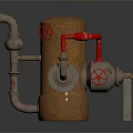 Industrial Mechanical Equipment With Rusted Metal Vessel Red Pipes And Valves