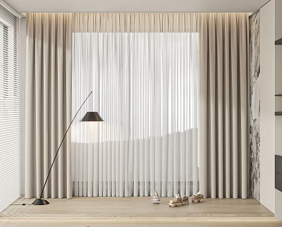 Beige Floor Length Curtains With Sheer Panels For Modern Elegant Living Room Interior Decor 3d model