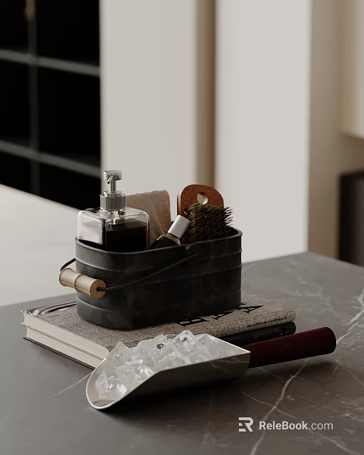 Stylish Decorative Accessory Set With Metal Bucket Brush And Books On Marble Table 3d model 