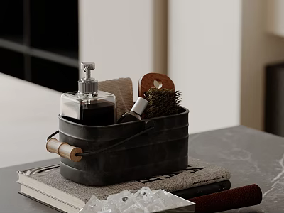 Stylish Decorative Accessory Set With Metal Bucket Brush And Books On Marble Table 3d model