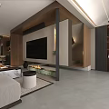 Modern Open Living and Dining Room with Wooden Bar Counter TV Wall Fireplace and Coffee Table
