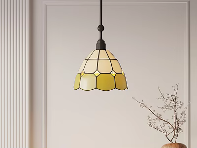 Stained Glass Pendant Light Yellow White Geometric Design Black Base Light Wall Dry Branch Vase 3d model