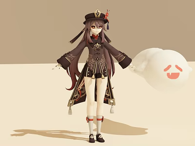 Anime Character with Long Hair in Traditional Outfit and White Cloud like Creature with Smiling Face 3d model