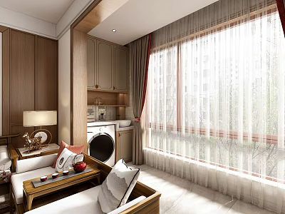 Stylish Home Balcony With Sofa Coffee Table And Sheer Curtains In Natural Light 3d model