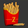 Crispy French Fries in Red Box with Yellow Z Logo and Loose Pieces on Black