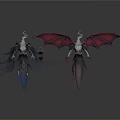 Two Fantasy Winged Creatures With Red Blue Wings And Ornate Costumes In Dark Fantasy Design