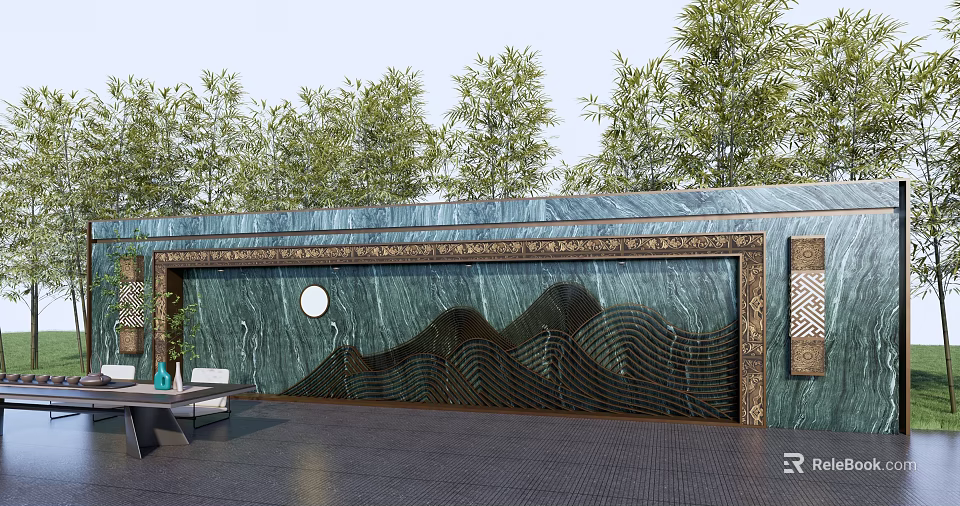 Outdoor Green Feature Wall With Wavy Patterns Circular Ornament And Trees 3d model 