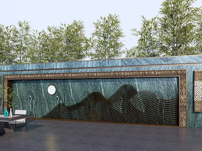 Outdoor Green Feature Wall With Wavy Patterns Circular Ornament And Trees 3d model