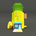 Yellow Cartoon Style Building With Green Top Blue White Striped Awning And Octagonal Structure