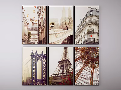 City Architecture Art Prints Six Panels With Paris Landmarks Eiffel Tower Bridge And Dome Details 3d model