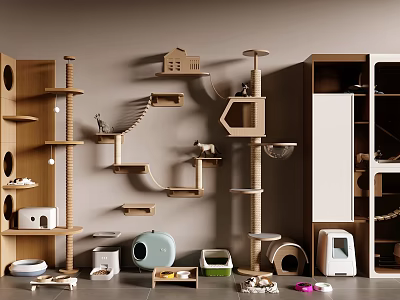 Contemporary Cat Furniture Setup With Wall Mounted Shelves Tree Bed And Litter Box 3d model