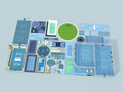 Sports Complex Layout Plan Featuring Basketball Courts Circular Field And Fit Life Area 3d model
