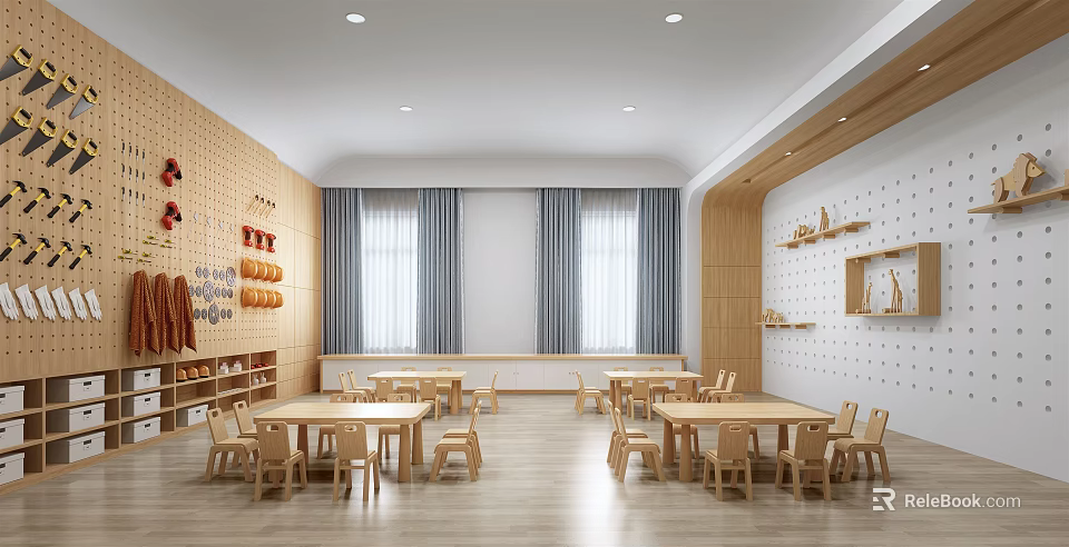 School Dining Hall Interior With Wooden Tables Chairs Decorative Walls Open Shelves And Curtain Windows 3d model 
