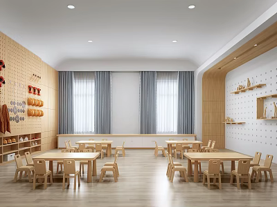 School Dining Hall Interior With Wooden Tables Chairs Decorative Walls Open Shelves And Curtain Windows 3d model