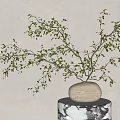 White Vase With Green Leaf Branches Placed On Black And White Patterned Pedestal Light Wall