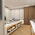 Modern Chinese Style Private Dining Room Featuring Marble Counter Table Landscape Paintings And Wooden Floor