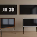 Wall Mounted TV Displaying Time And Stand TVs In Interior With Wooden White Frames 3d model