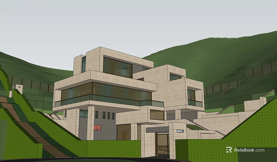Modern Detached Villa on Hillside with Green Surroundings Large Glass Windows and Stone Facade Design 3d model 