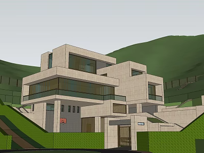 Modern Detached Villa on Hillside with Green Surroundings Large Glass Windows and Stone Facade Design 3d model