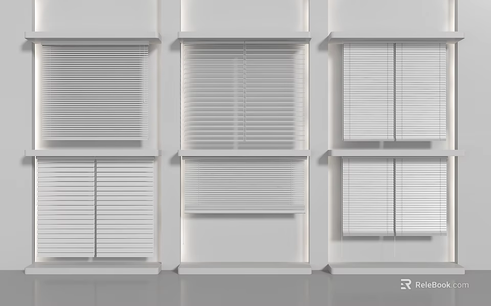 White Blinds in Different Styles Installed on White Window Frames Displaying Various Designs 3d model