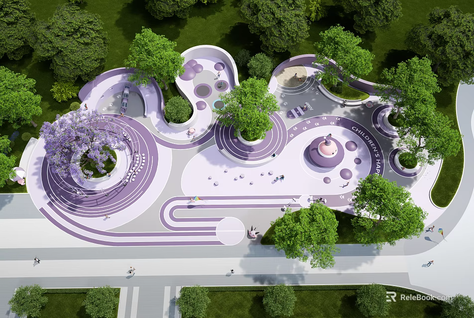 Children's Play Area With Curved Purple White Structures Lush Green Trees And Pathways 3d model 
