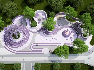 Children's Play Area With Curved Purple White Structures Lush Green Trees And Pathways 3d model
