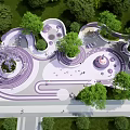 Children's Play Area With Curved Purple White Structures Lush Green Trees And Pathways