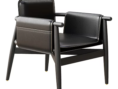 Black Leather Accent Chair With Armrests And Wooden Legs For Modern Living Room Decor 3d model