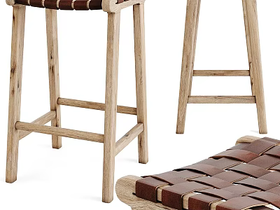 Natural Wooden Bar Stools With Woven Seats And Sturdy Wooden Legs 3d model