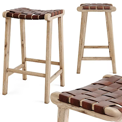 Natural Wooden Bar Stools With Woven Seats And Sturdy Wooden Legs 3d model