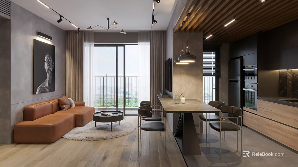 Modern Apartment Interior With Open Layout Orange Sofa Pendant Lights And Floor to Ceiling Windows 3d model 