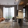 Modern Apartment Interior With Open Layout Orange Sofa Pendant Lights And Floor to Ceiling Windows