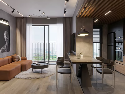 Modern Apartment Interior With Open Layout Orange Sofa Pendant Lights And Floor to Ceiling Windows 3d model