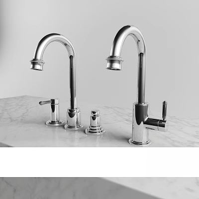 Sleek Modern Chrome Kitchen Faucets on Polished Marble Countertop with Handles 3d model
