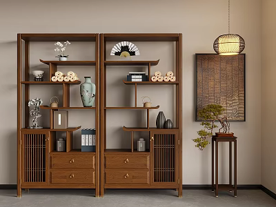 Traditional Chinese Wooden Display Shelf With Vases Books Fans And Decorative Ornaments 3d model