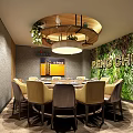 Modern Restaurant Interior With Wooden Ceiling Chandeliers Yellow Chairs Dining Tables And Green Plants