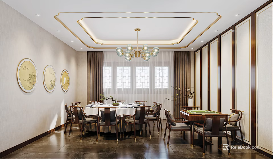 Private Room Interior With Round Dining Table Chandelier And Mahjong Table 3d model