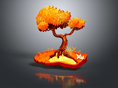 Cartoon Scene Featuring Orange Tree With Brown Trunk And White Fox On Orange Ground 3d model