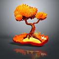 Cartoon Scene Featuring Orange Tree With Brown Trunk And White Fox On Orange Ground