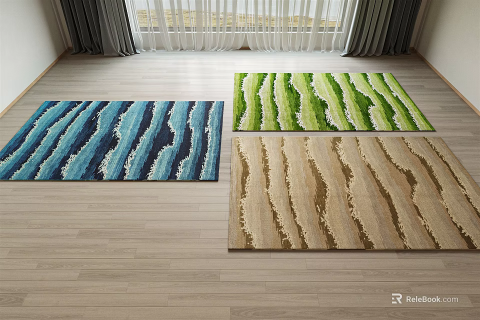 Three Square Rugs With Various Color Patterns On Indoor Wooden Floor 3d model 