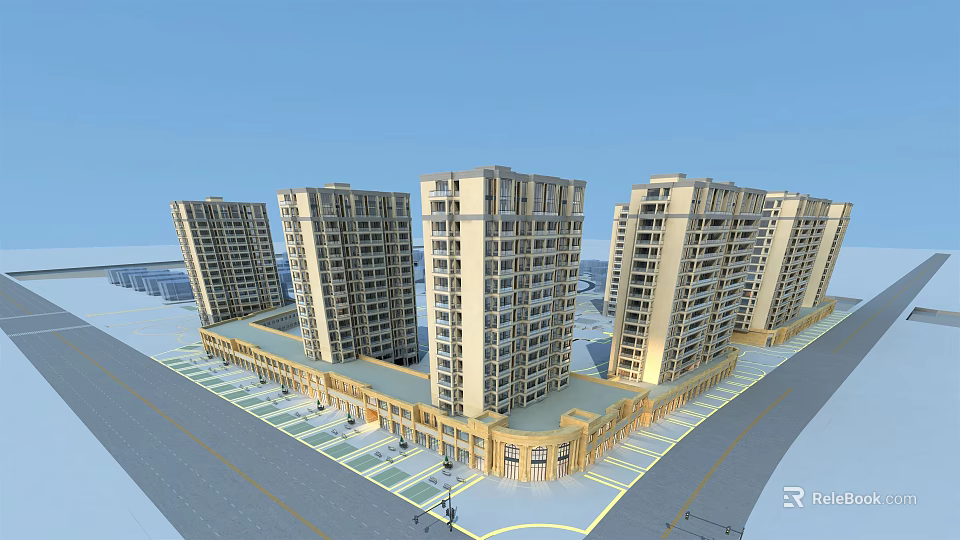 Modern High Rise Residential Buildings With Beige Facade And Ground Floor Retail Space 3d model 