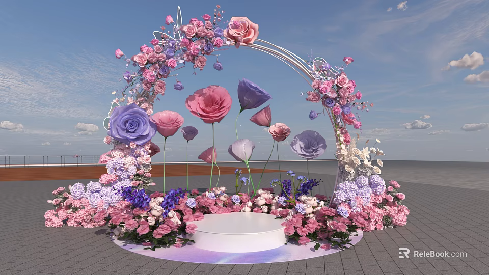 Art Installation Featuring Flower Arch With Colorful Pink Purple White Flowers And Pedestal 3d model 