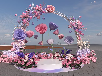 Art Installation Featuring Flower Arch With Colorful Pink Purple White Flowers And Pedestal 3d model