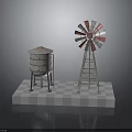 Vintage Red Silver Metal Water Tower And Windmill Models On Checkered Platform