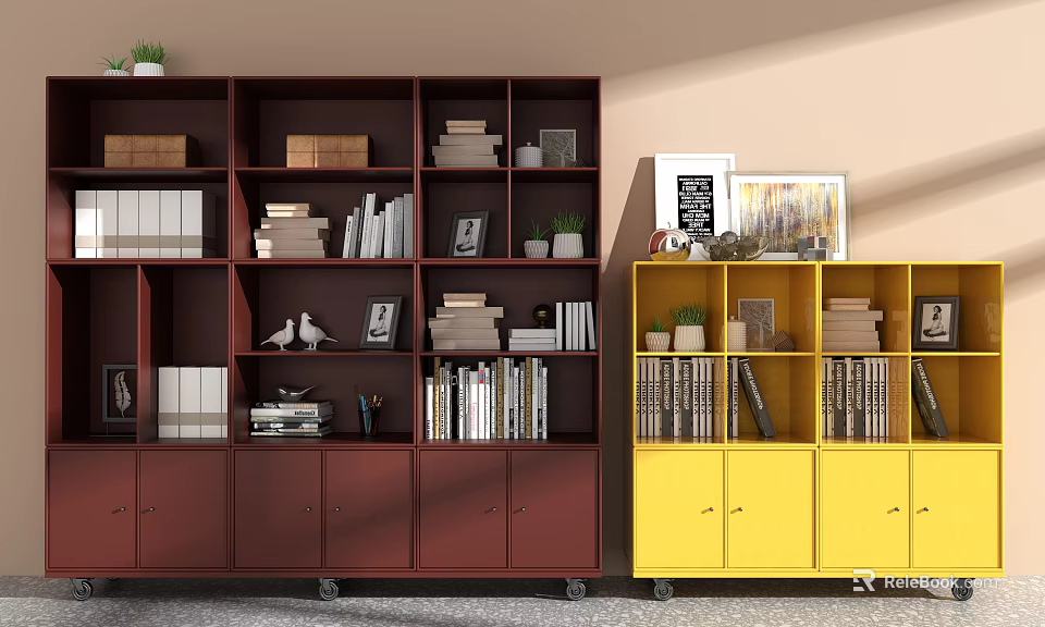 Brown and Yellow Bookcases with Multiple Compartments Books Photo Frames and Potted Plants 3d model 