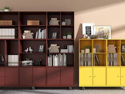 Brown and Yellow Bookcases with Multiple Compartments Books Photo Frames and Potted Plants 3d model